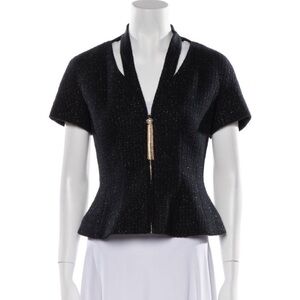 NEW ST. JOHN Elegant Black Short Sleeve Jacket Cotton Blend Peplum Gold HW 2